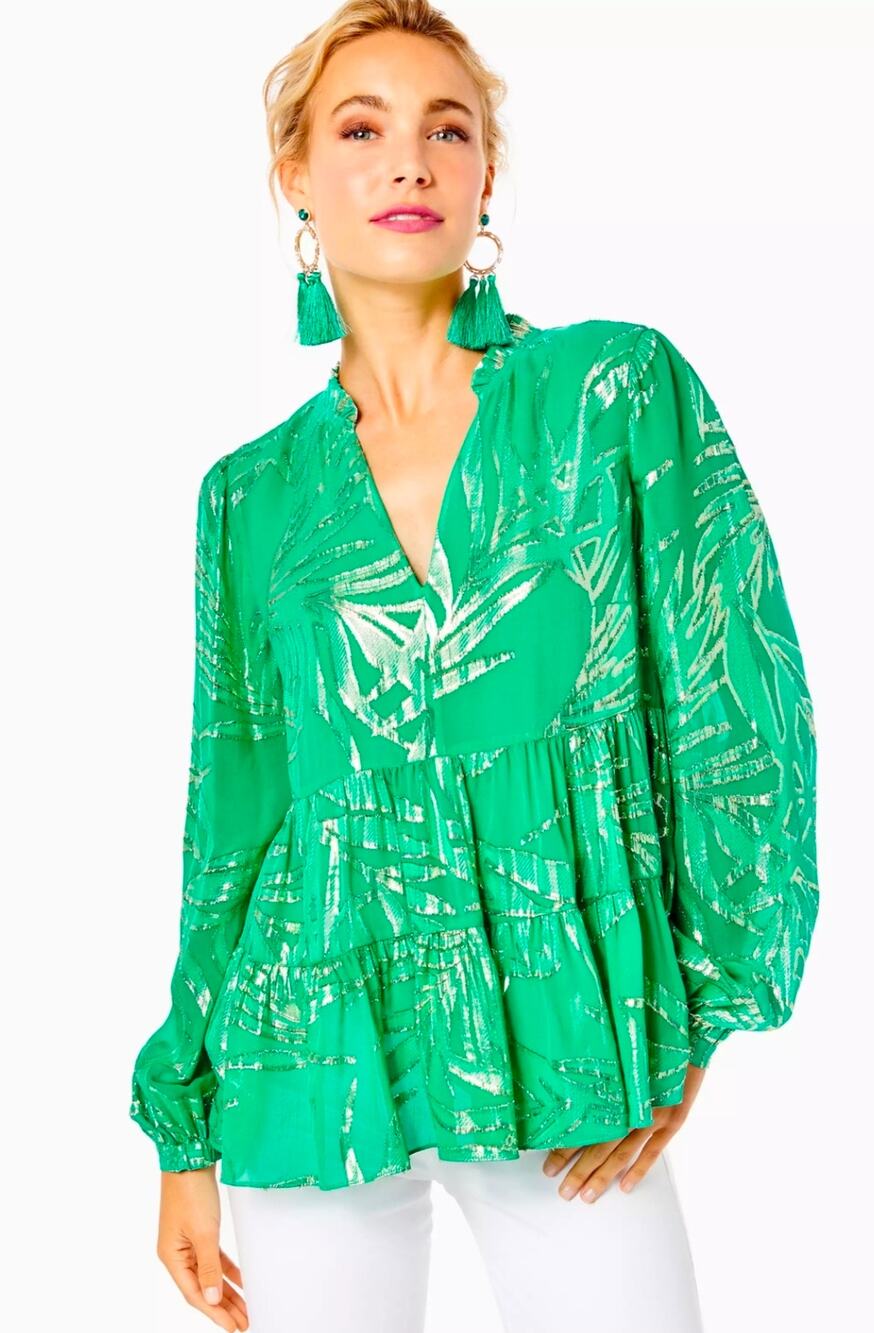 Lilly Pulitzer Metallic Silk Blend Green Gold Ruffle Neck Peplum Blouse Medium
